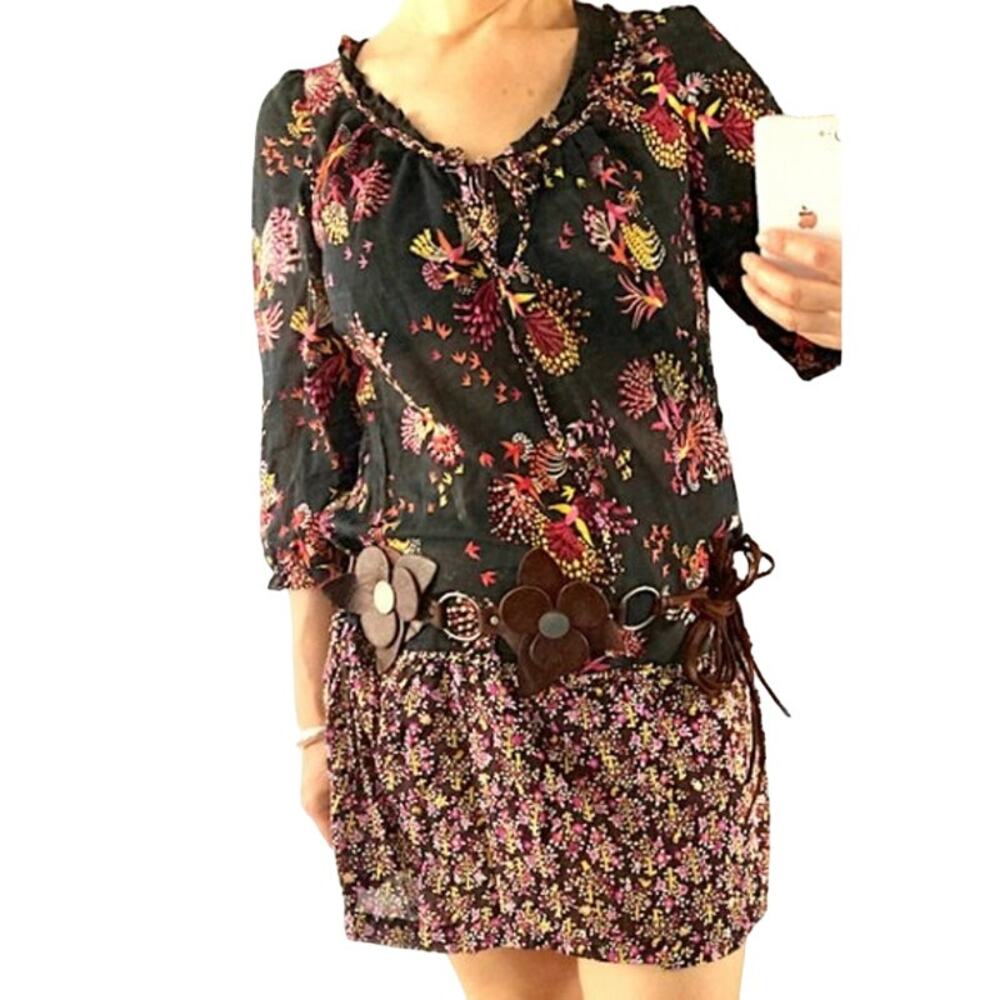 Anthropologie Lilka Tunic Dress V-Neck 3/4 Sleeve Floral Bird Print XS Black